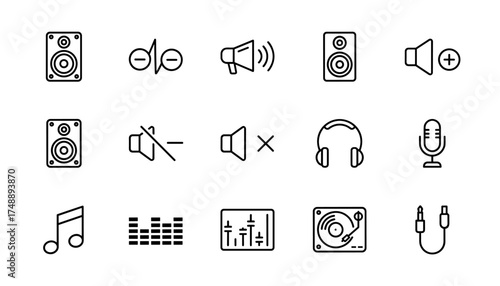 Audio line icon set. Collection of sound and music symbols. Loudspeaker, headphones, microphone, DJ turntable, mixer, and volume control. Thin outline pictogram pack for web.