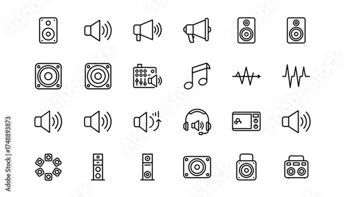 Audio and sound line icon set. Vector collection of loud speaker, megaphone, volume control, music note, and soundwave symbols. Thin outline icons for web, UI, and mobile apps.
