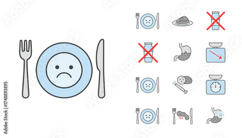 Loss of appetite vector icon set. Eating disorder and anorexia symptoms. Unhealthy diet and weight loss concept. Sad face on a plate. Nausea, stomach ache, food poisoning sign.