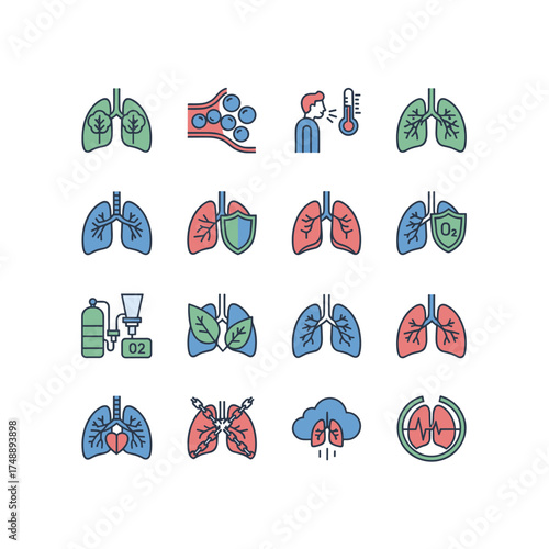 Lungs icon set. Pulmonology and respiratory health care thin line vector icons. Breathing, illness, asthma, pneumonia, oxygen therapy, diagnosis and treatment symbols.