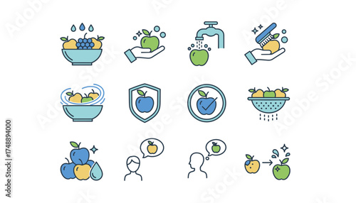 Wash fruits vector icon set. Food safety and hygiene concepts. Cleaning apple under water tap, brushing produce. Colander, protection shield, quality check mark illustrations.