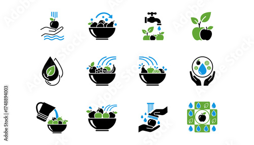 Wash fruits and vegetables icon set. Food safety and hygiene concept. Clean fresh organic food symbols. Vector illustration for healthy eating and produce preparation.