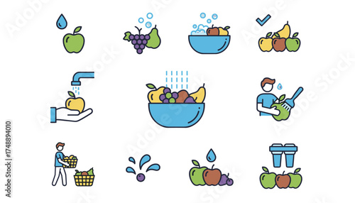 Washing fruits and produce icon set. Food safety and hygiene vector illustrations. Rinsing fresh fruit with water, cleaning in a bowl. Healthy food preparation concept.