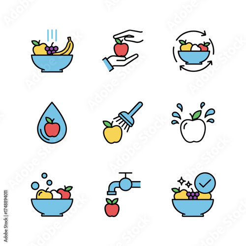 Washing fruits vector icon set. Food safety and hygiene. Clean fresh produce preparation. Rinsing apple, banana, grapes under tap water. Healthy food and lifestyle concept icons.