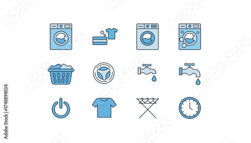 Laundry service vector icon set. Washing machine, clean clothes, laundromat symbols. Wash, dry, fold concept. Household appliance, chore, housework illustration. Basket, faucet, timer.
