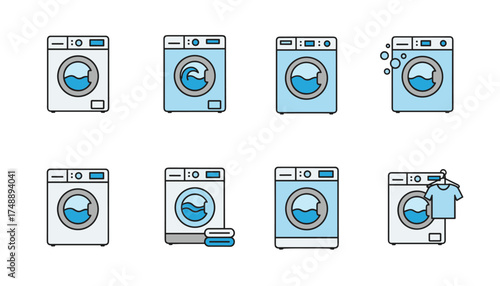 Washing machine vector icon set. Laundry service and laundromat graphic symbols. Clean clothes and household appliance concept. Front-load washer with water and soap bubbles.