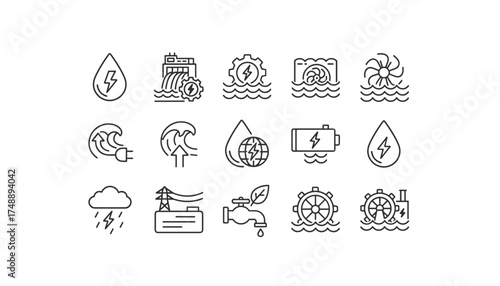 Water power and renewable hydro energy line icon set. Hydropower, tidal and wave electricity generation vector symbols. Sustainable resources and clean technology concept.