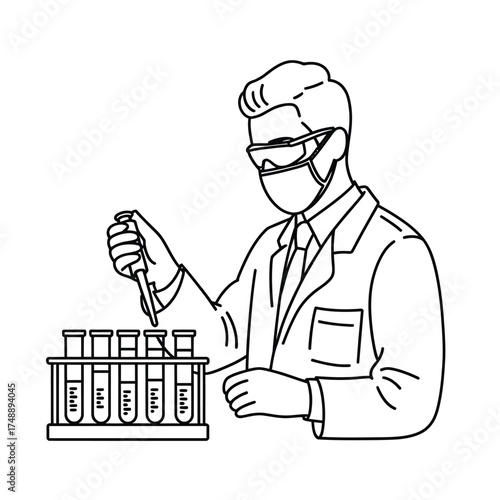 Scientist in lab coat and goggles conducting experiment with pipette and test tubes