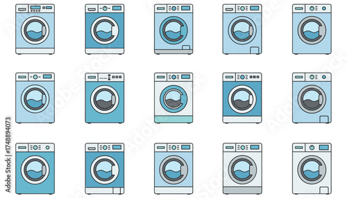 Washing machine vector icon set. Home appliance and laundry equipment collection. Modern flat line art style washers for housework and cleaning concepts. Domestic machine illustration.