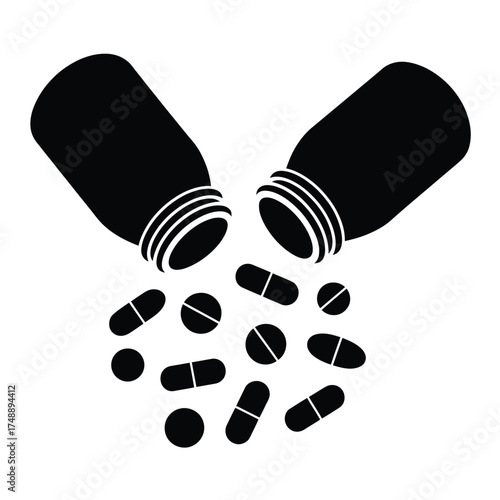Two pill bottles spilling out medication onto a white background