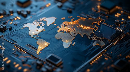 A white-gold and silver world map embedded on a microchip, symbolizing global semiconductor interconnectedness and the fusion of technology, trade, and international cooperation in the modern digital 