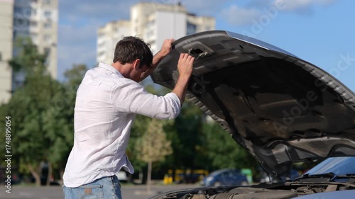 Worried young man looking under the hood of breakdown car at outdoor in the city. Car repair. Transport and lifestyle concept. Slow motion