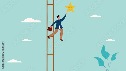 success ladder to reach goal and target, climb up ladder to get new hope, journey to achieve hope of success in business, hope of career development progress, businessman climb ladder to get gold star