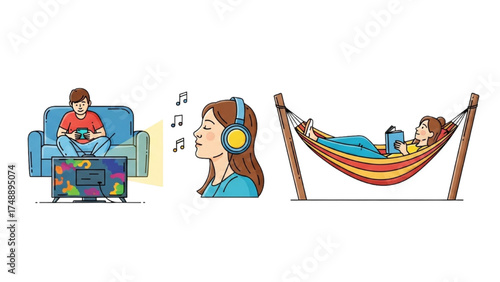 Continuous Line Art of People Watching TV, Listening to Music, and Relaxing in Hammock, Minimalist Daily Leisure Illustration