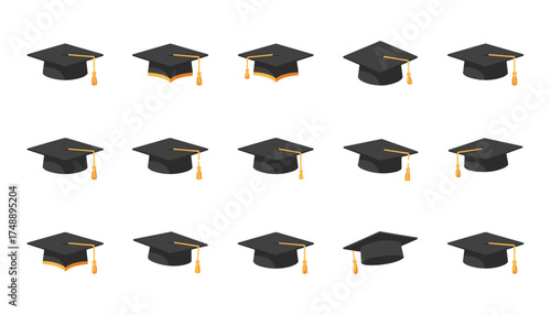 Graduation cap vector icon set. Mortarboard hat with tassel for academic ceremony. University, college, and high school education symbol. Graduate achievement celebration.