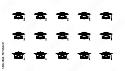 Graduation cap vector icon set. Seamless pattern of black mortarboard hats. Concept for education, academic achievement, university degree, college ceremony, student success.