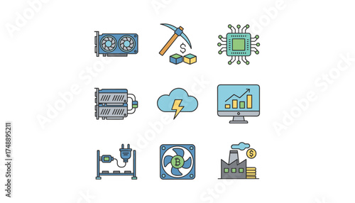 GPU mining vector icon set. Cryptocurrency mining farm concept with graphic card, blockchain technology. Digital money, bitcoin, crypto currency business and finance icons.