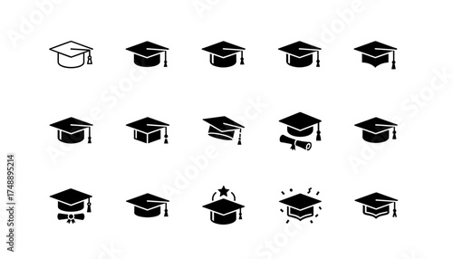 Vector set graduation cap icon. Mortarboard student hat collection. University, college, school diploma. Academic degree, ceremony, educational success, knowledge concept.