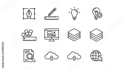 Graphic design icon set. Thin line vector pictograms for creative process. Includes pen tool, layers, colors, idea lightbulb, web design, UI UX, cloud upload and development.