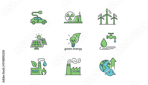 Green energy vector icon set. Renewable power sources, ecology, sustainability. Includes solar panels, wind turbines, electric car, biomass, nuclear plant, pollution, climate change.