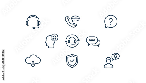 Customer support line icon set. Helpdesk and call center vector icons. Hotline, FAQ, technical assistance, communication, and problem-solving symbols for web and mobile apps.
