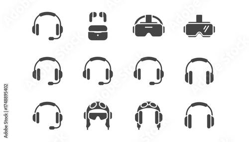 Headset and headphones vector icon set. Glyphs for call center, customer support, gaming. Includes VR glasses, pilot helmet, wireless earbuds. Communication technology symbols.