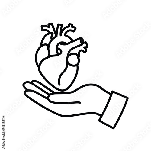 Hand holding a stylized anatomical heart icon for health and care