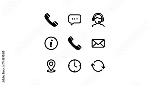 Contact us glyph vector icon set for web and mobile. Customer service and support symbols. Communication signs like phone, chat, operator, mail, location, info, and time.