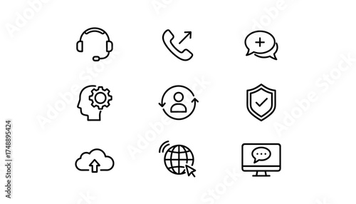 Customer support vector line icon set. Communication, helpdesk, and call center symbols. Thin line pictogram collection for contact us, technical assistance, and online service.