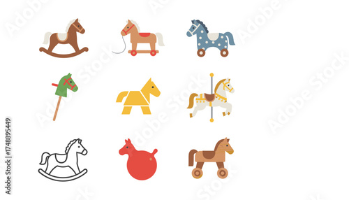 Big vector collection of horse toys for children. Flat icon set includes rocking horse, carousel pony, wooden pull-along, hobby horse, and inflatable bouncer for childhood play.