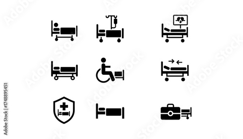 Hospital bed icon set. Vector glyphs for medical care, patient treatment, and clinical services. Includes IV drip, heart monitor, wheelchair, and health insurance symbols.