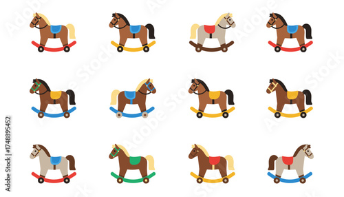 Rocking horse toy vector set. Collection of cute colorful wooden rocking horses. Flat design style. Childhood plaything illustration for kids, nursery decor, or baby shower.