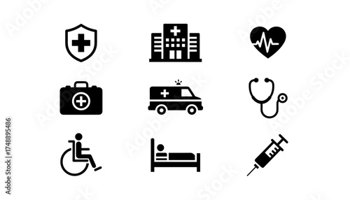 Medical and healthcare icon set. Vector symbols for hospital, clinic, and emergency services. Includes ambulance, syringe, patient bed, wheelchair, and first aid kit icons.