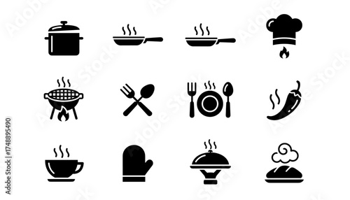 Cooking and kitchen vector icon set. Hot food, restaurant and culinary symbols. Pot, pan, grill, chef hat, and utensils silhouette glyphs for web and mobile design.