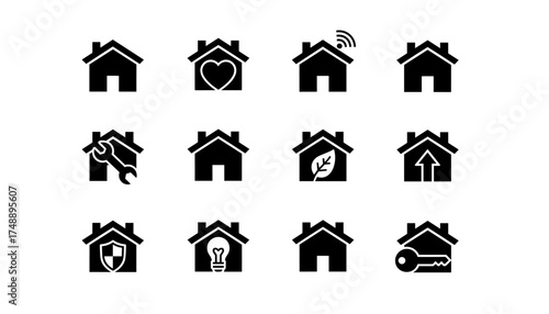 House icon set vector glyphs. Real estate property symbols. Home security, smart home wifi, repair, eco leaf, love heart, key, idea lightbulb. For sale or rent concepts.