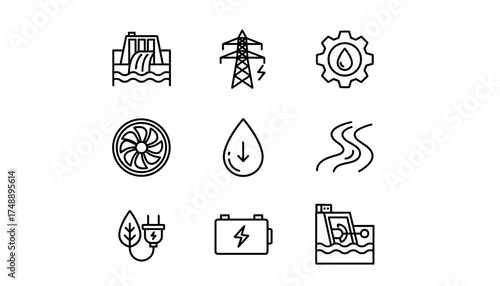 Hydroelectric power icon set. Hydropower and renewable energy vector line icons. Water electricity generation, dam, turbine, river, tidal wave station, green energy concept.