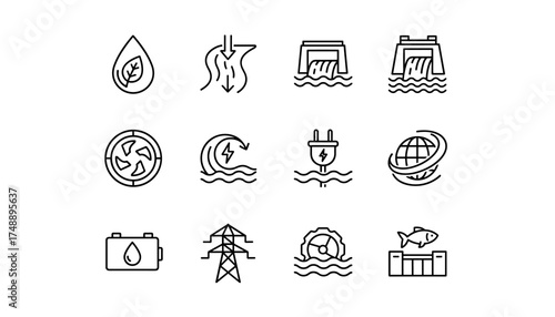 Hydroelectric power line icon set. Water energy, dam and turbine concepts. Renewable and sustainable electricity generation. Hydropower, tidal and wave power vector illustrations.