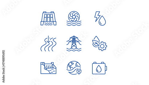 Hydroelectric power icon set. Renewable water energy concept. Vector line icons of hydro dam, water turbine, power station, electricity generation and sustainable technology.