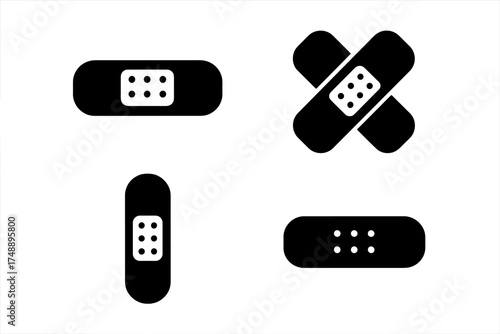Adhesive bandage vector icon set. Medical plaster glyph collection for first aid. Black band-aid symbol for wound care, injury patch, emergency, and healthcare concepts.