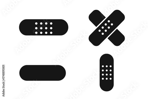 Adhesive bandage plaster icon set. Medical patch for wound care. First aid strip collection. Health care symbol. Black silhouette graphic element design. Vector illustration.