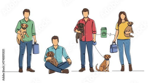 Continuous Line Art of People Walking Dogs and Carrying Pet Supplies, Minimalist Black and White Illustration of Everyday Pet Care