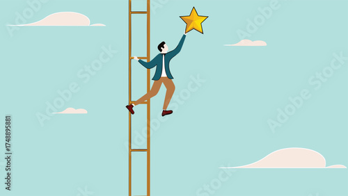success ladder to reach goal and target, climb up ladder to get new hope, journey to achieve hope of success in business, hope of career development progress, businessman climb ladder to get gold star