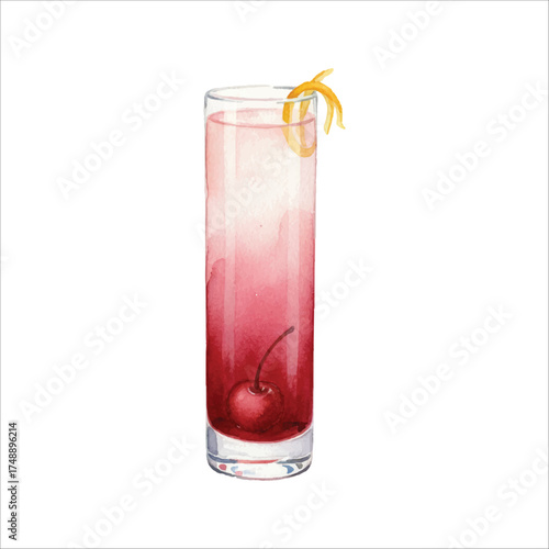 Grenadine Cocktail Watercolor Vector Illustration on White Background
