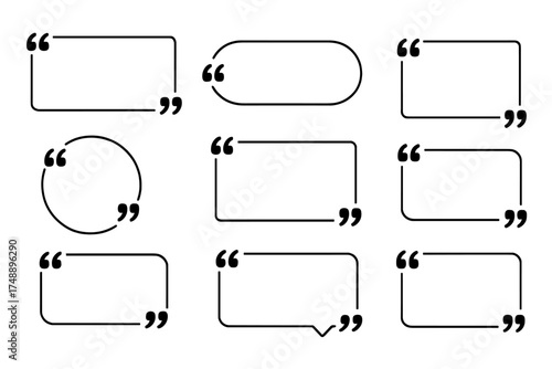 Quote box frame set. Quotation bubble icon collection. Blank template for text, info, design. Texting boxes for blog quotes, testimonials, comments, messages. Vector illustration.