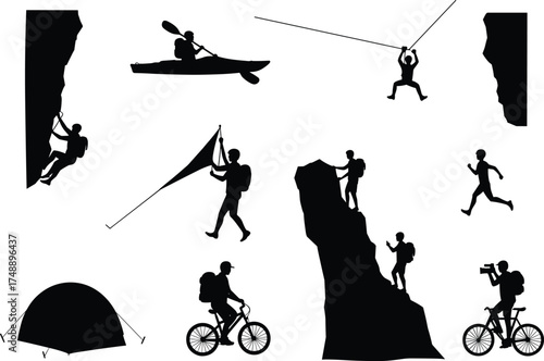 Adventure silhouettes, rock climbing, kayaking, zip-lining, hang gliding, hiking, camping tent, mountain biking, outdoor filming, nature sports, exploration icons, active lifestyle