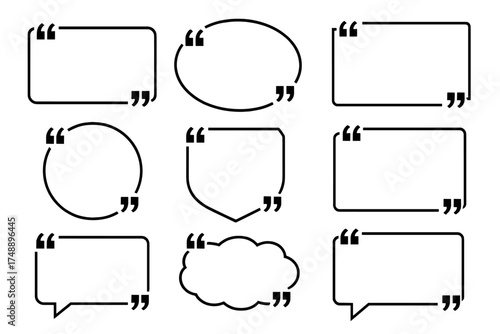 Quote box frame big set. Vector template for callouts, titles, and texting. Blank quotation bubble icons for blog posts, comments, and info design. Speech bubbles collection.