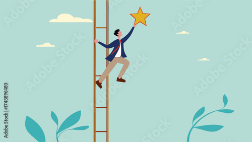 success ladder to reach goal and target, climb up ladder to get new hope, journey to achieve hope of success in business, hope of career development progress, businessman climb ladder to get gold star