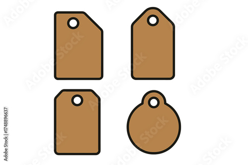 Collection of empty kraft paper labels. Vector set of various brown cardboard tags for pricing, sales or gifts. Blank retro style sticker mockup isolated on white background.
