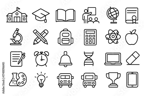 Education & learning line icon set. School, university, college, study symbols. Vector pictogram collection. Student, teacher, graduation, science, back to school elements.