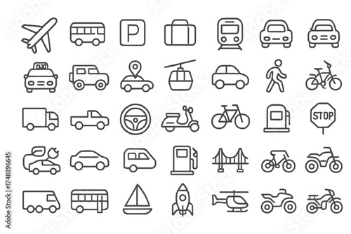 Car and transport web icons. Big set of line style symbols for travel and delivery. Includes airplane, bus, parking, train, electric car, scooter. Vector outline illustration.